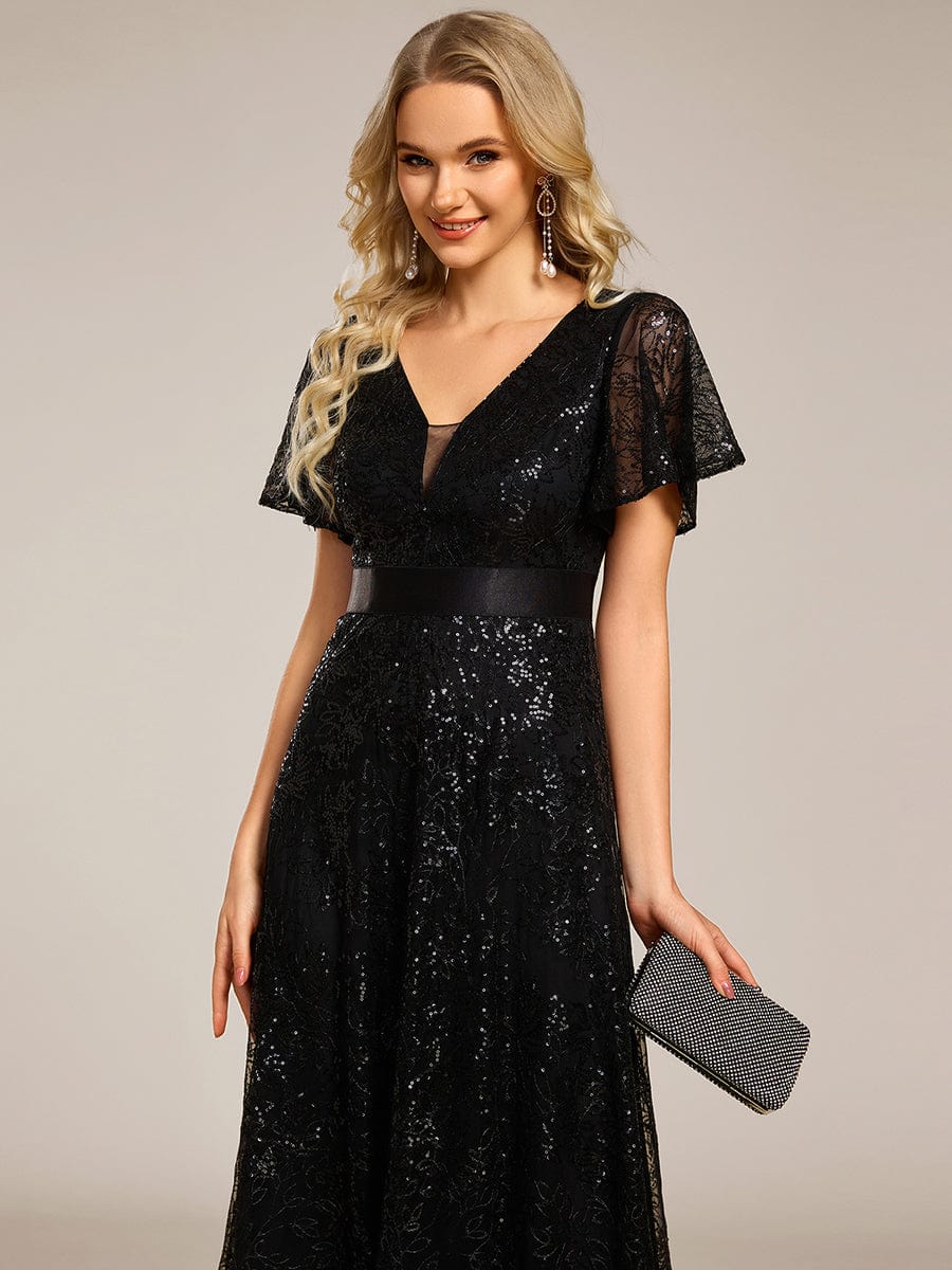 Robe longue de soirée à sequins et manches courtes à col en V Illusion #Couleur_Noir