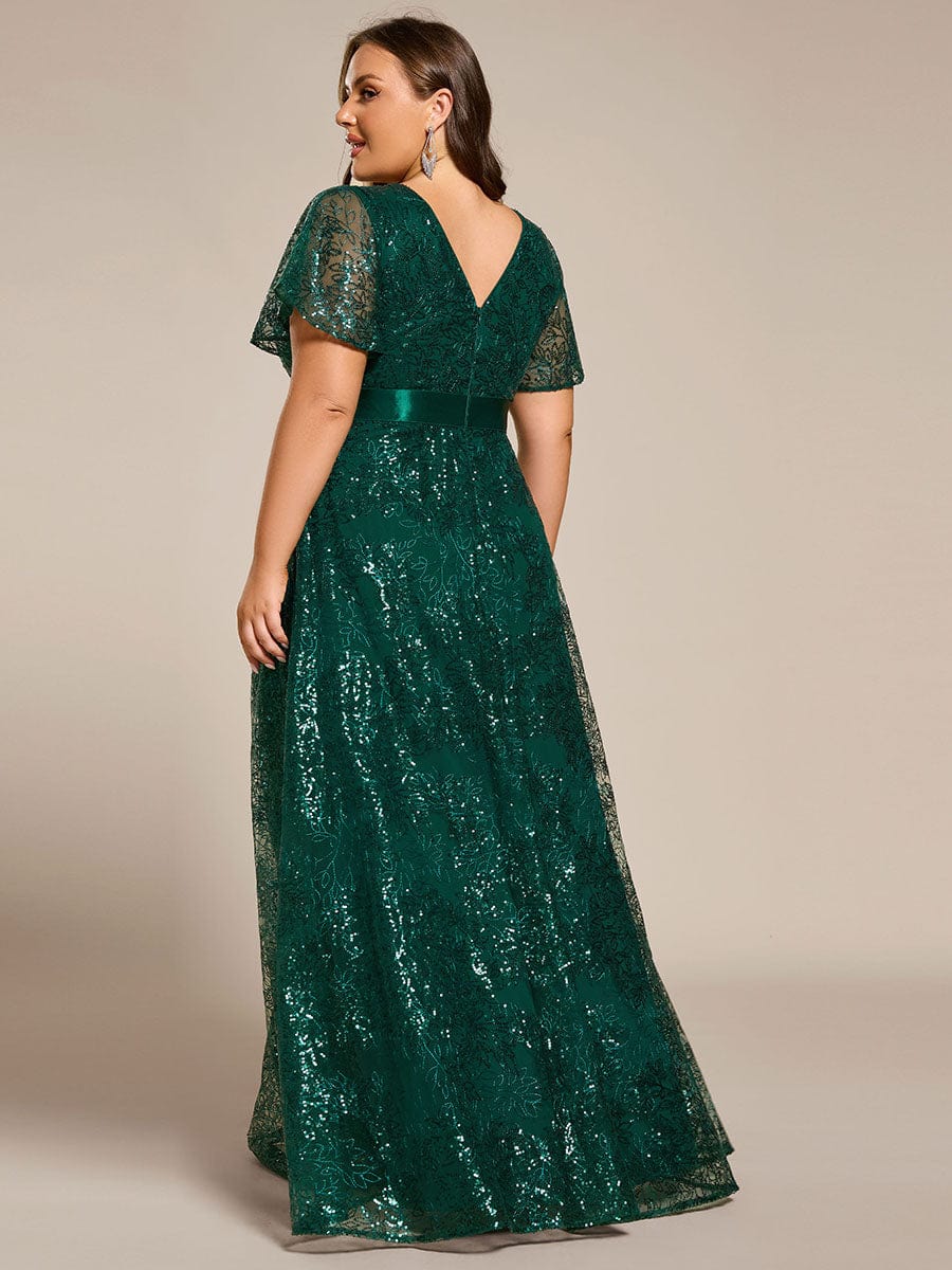 Robe longue de soirée à sequins et manches courtes à col en V Illusion #Couleur_Vert Foncé