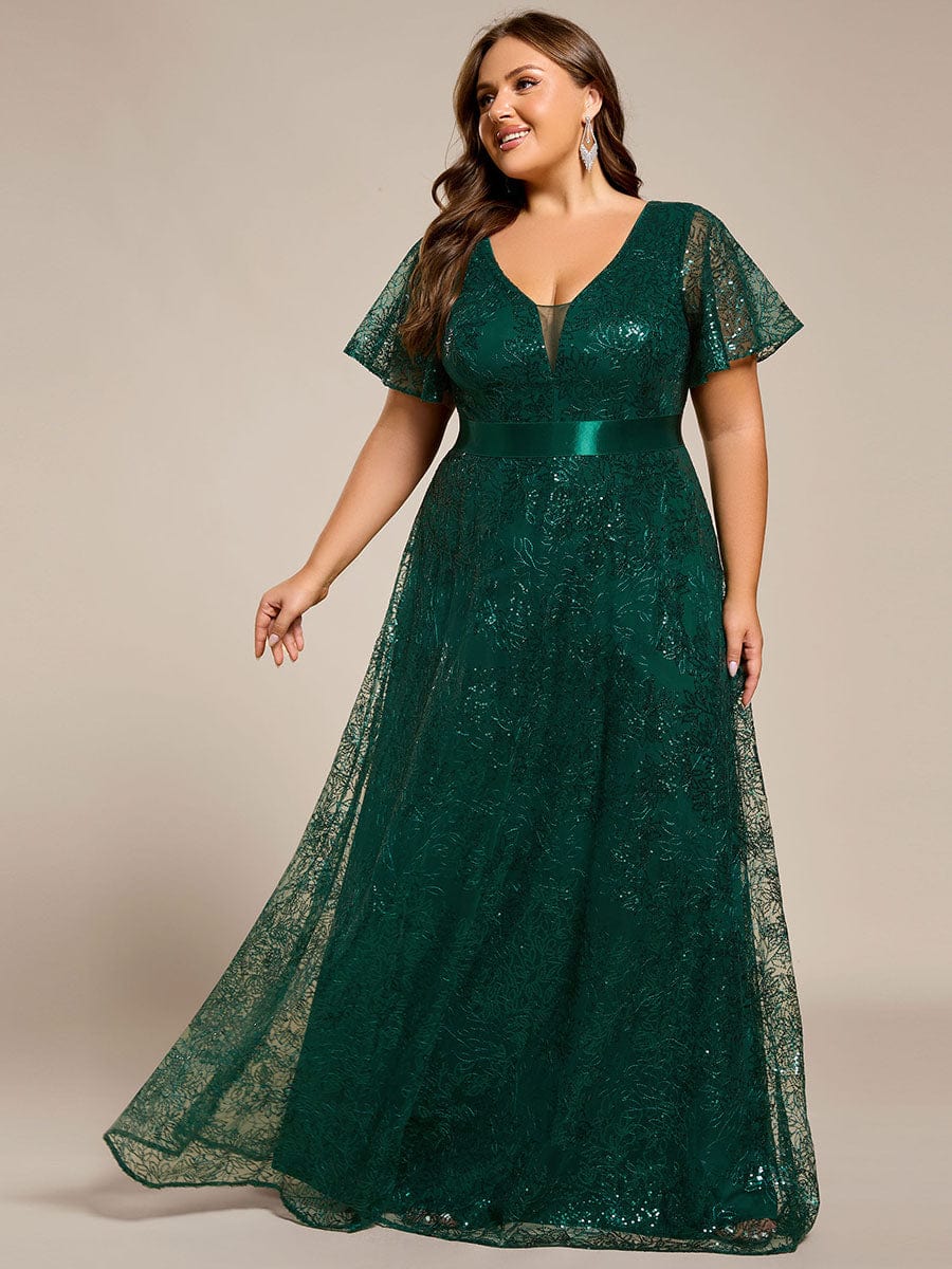 Robe longue de soirée à sequins et manches courtes à col en V Illusion #Couleur_Vert Foncé