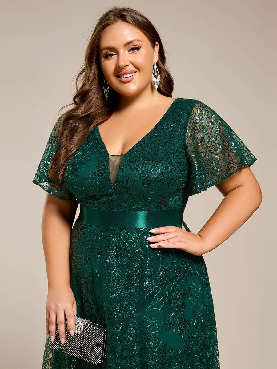 Robe de soirée longue à paillettes et manches courtes grande taille #Couleur_Vert Foncé