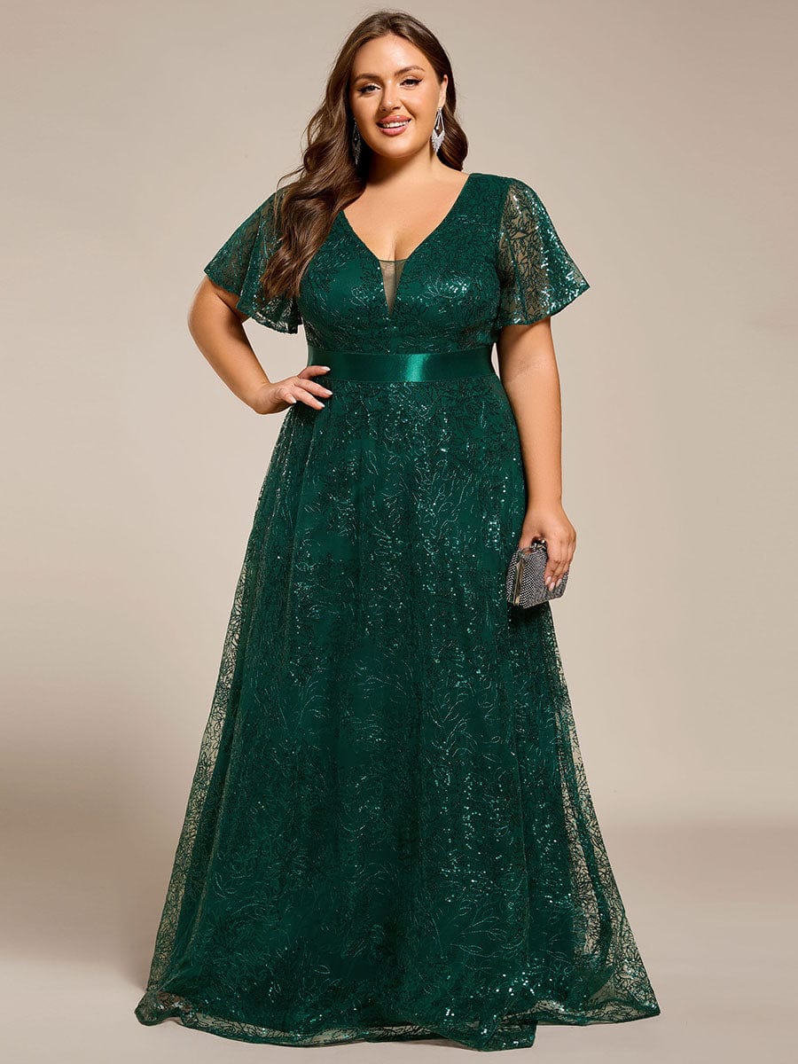 Robe de soirée longue à paillettes et manches courtes grande taille #Couleur_Vert Foncé