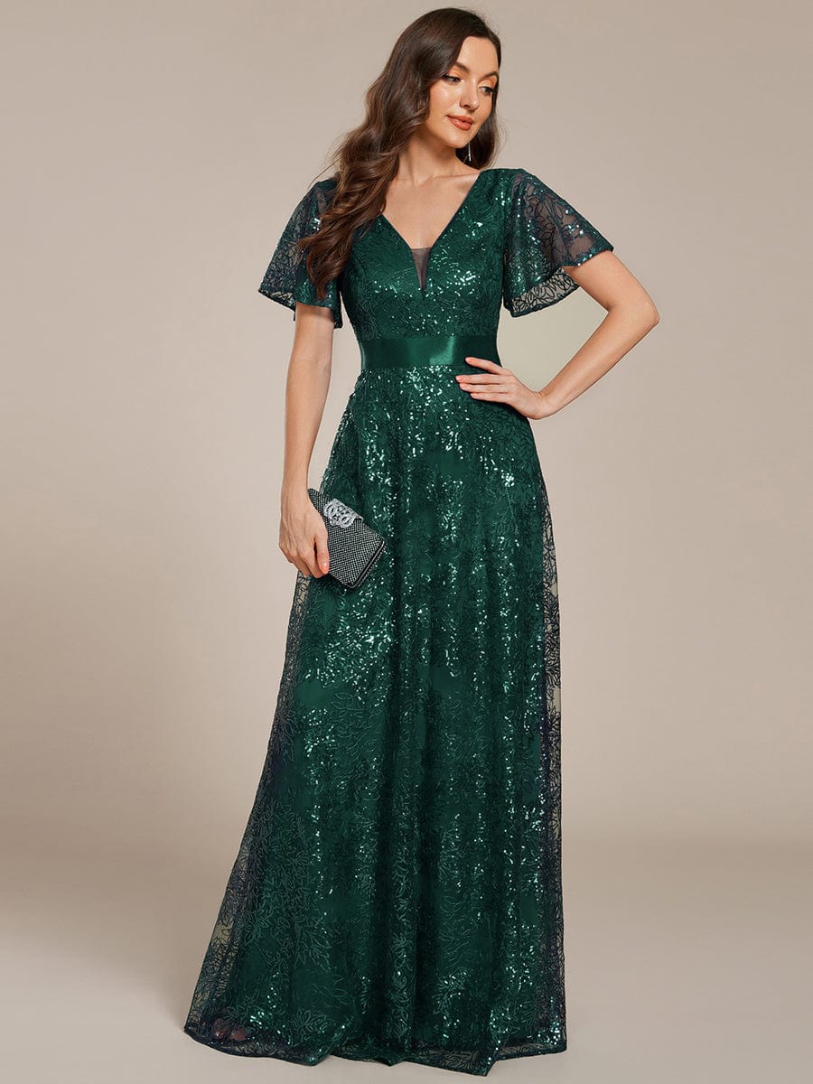 Robe longue de soirée à sequins et manches courtes à col en V Illusion #Couleur_Vert Fonce