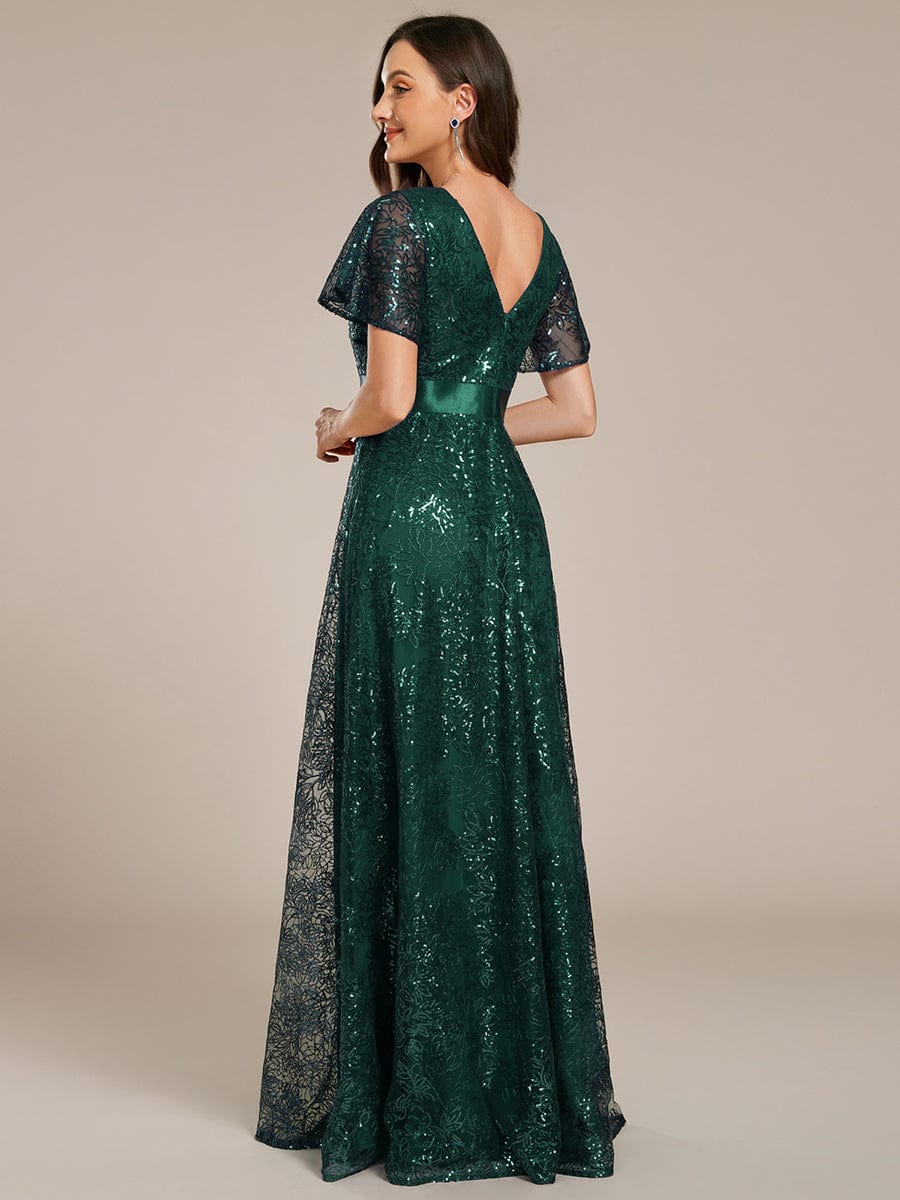 Robe longue de soirée à sequins et manches courtes à col en V Illusion #Couleur_Vert Fonce