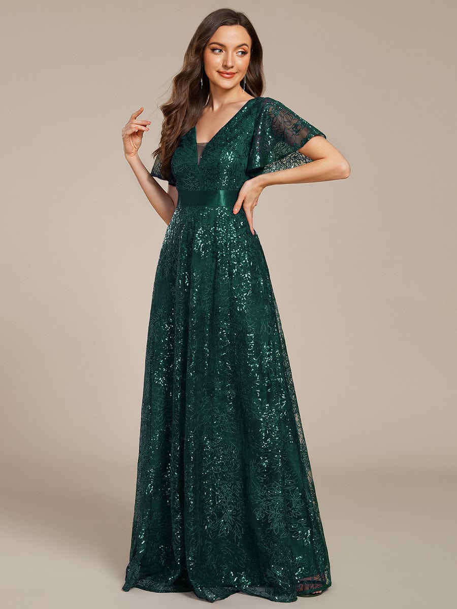 Robe longue de soirée à sequins et manches courtes à col en V Illusion #Couleur_Vert Foncé