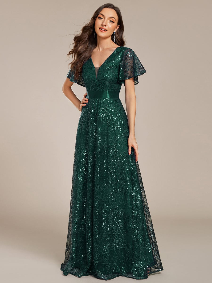 Robe longue de soirée à sequins et manches courtes à col en V Illusion #Couleur_Vert Foncé