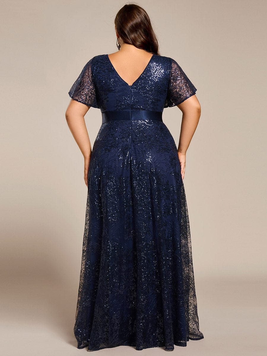 Robe longue de soirée à sequins et manches courtes à col en V Illusion #Couleur_Bleu Marine