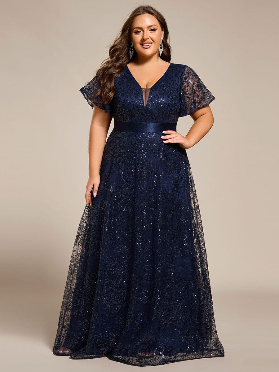 Robe de soirée longue à paillettes et manches courtes grande taille #Couleur_Bleu Marine