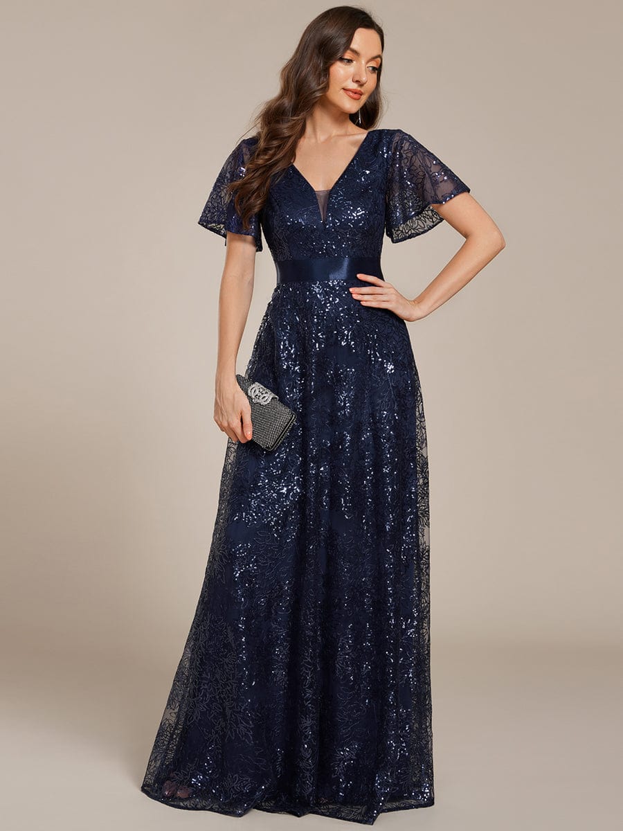 Robe longue de soirée à sequins et manches courtes à col en V Illusion #Couleur_Bleu Marine