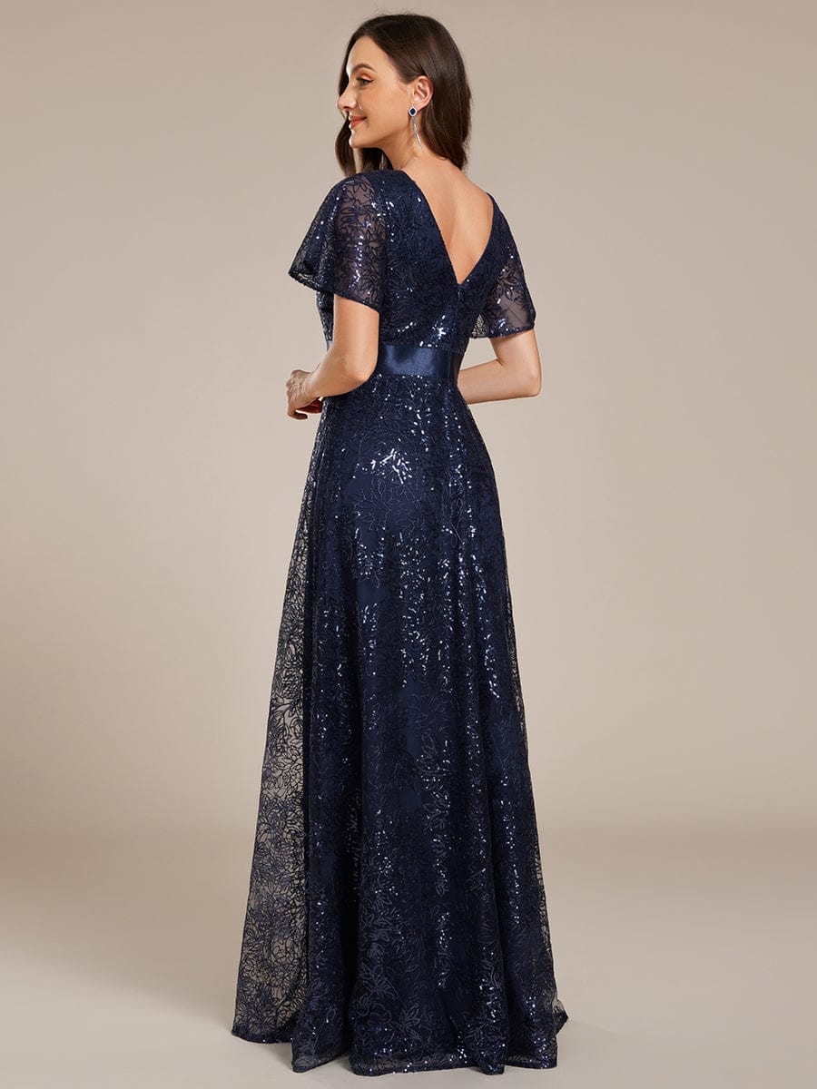 Robe longue de soirée à sequins et manches courtes à col en V Illusion #Couleur_Bleu Marine