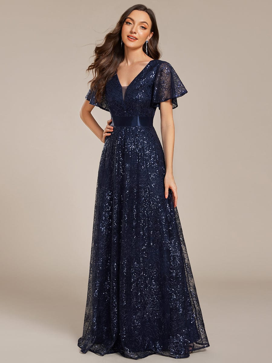 Robe longue de soirée à sequins et manches courtes à col en V Illusion #Couleur_Bleu Marine