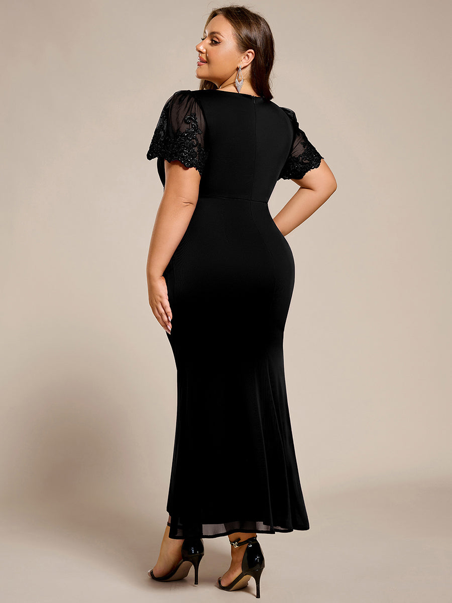 Robe de soirée grande taille à manches courtes et col en V avec perles #Couleur_Noir