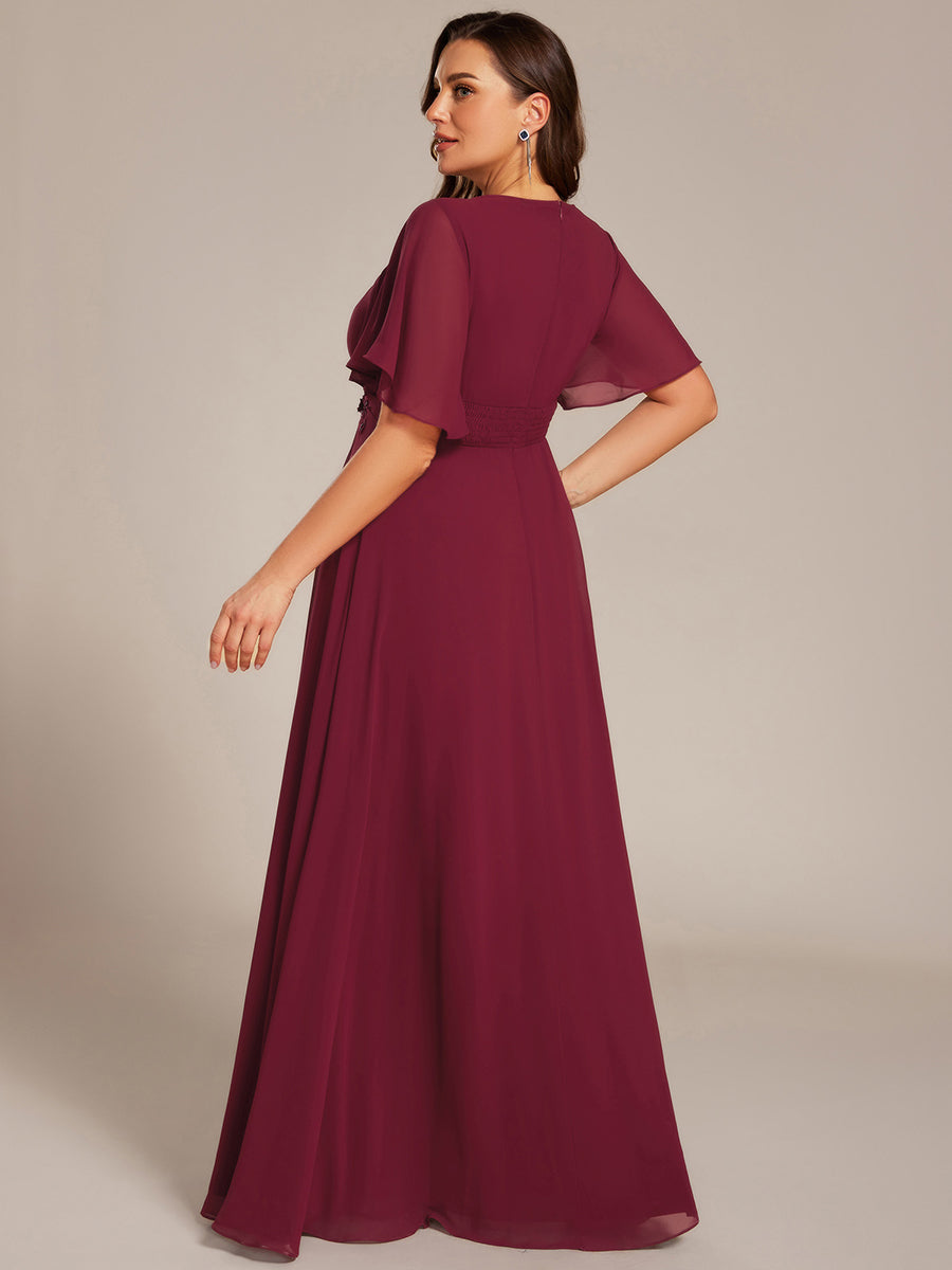 Robe de soirée trapèze à manches courtes et appliques plissées #Couleur_Bordeaux