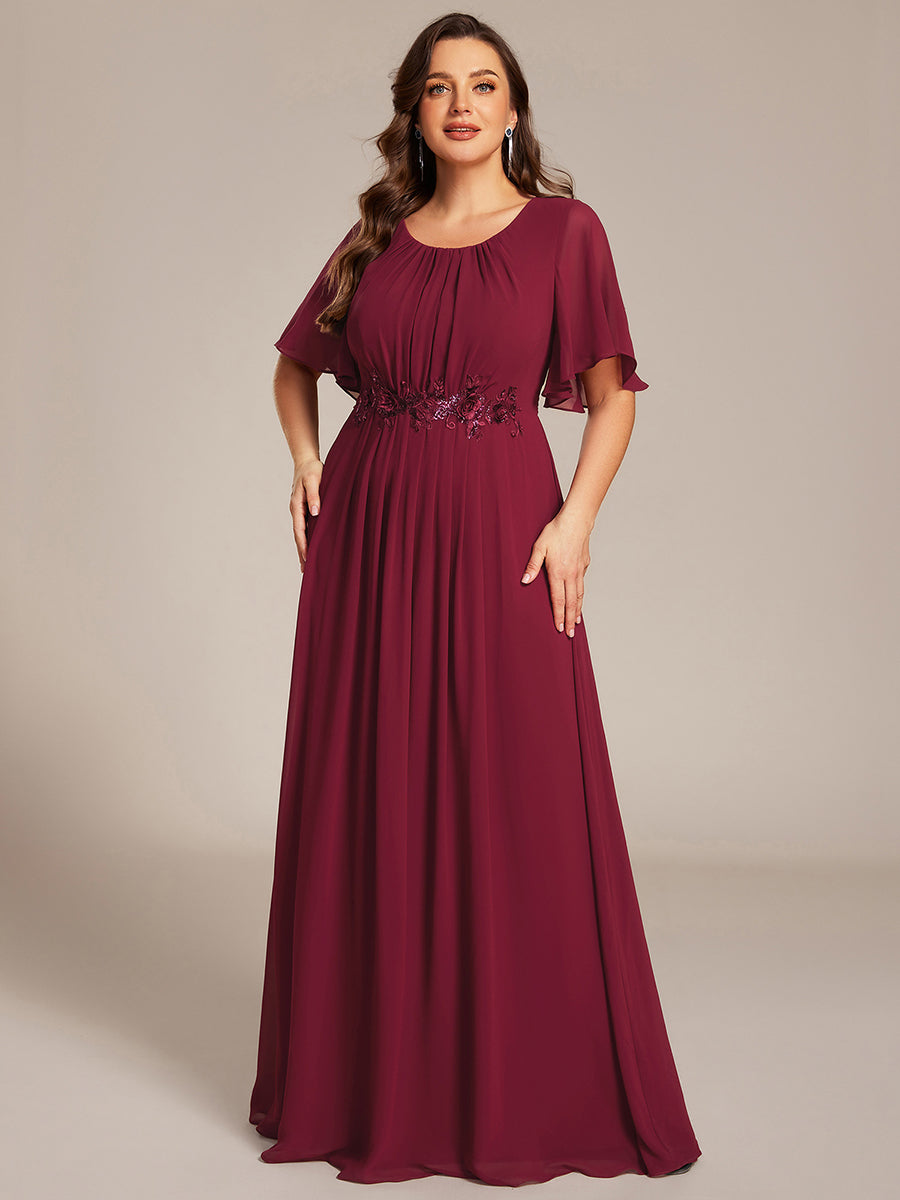 Robe de soirée trapèze à manches courtes et appliques plissées #Couleur_Bordeaux