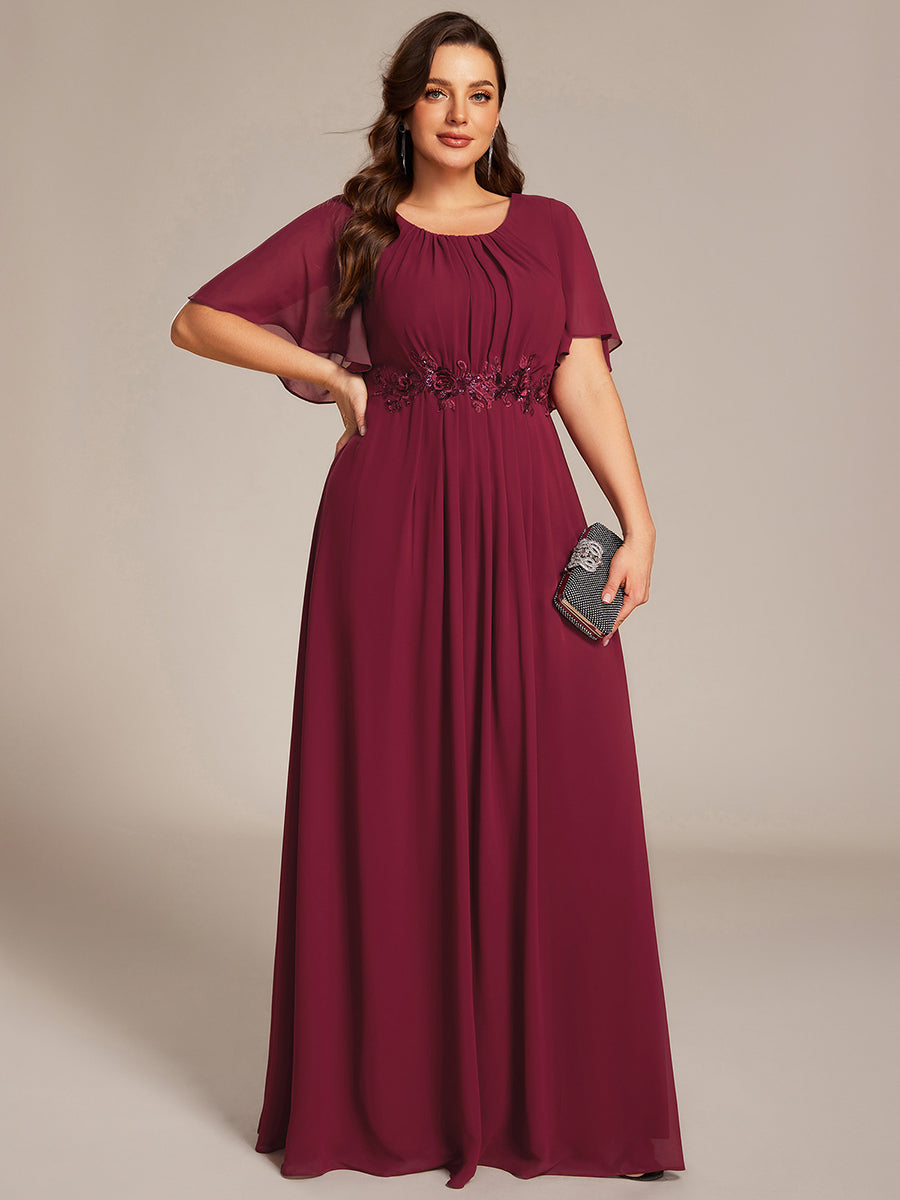 Robe de soirée trapèze à manches courtes et appliques plissées #Couleur_Bordeaux