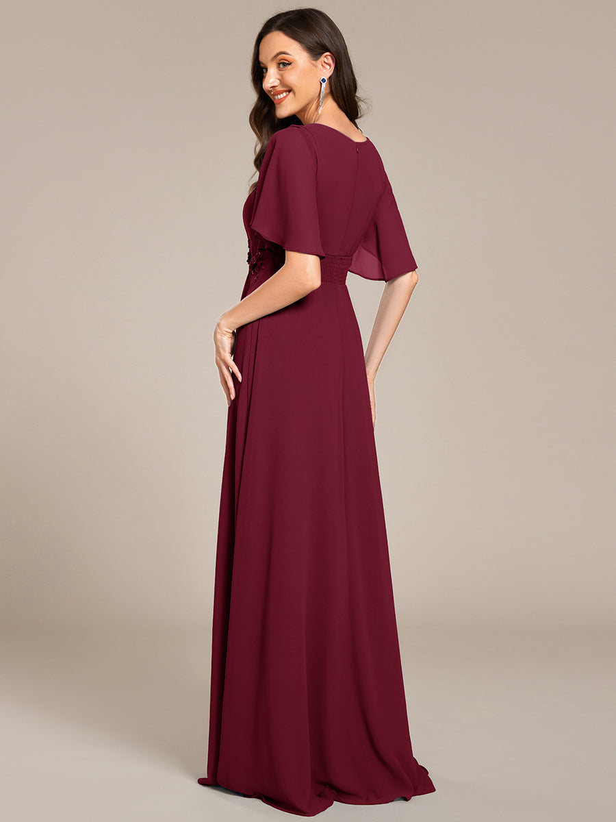 Robe de soirée trapèze à manches courtes et appliques plissées #Couleur_Bordeaux