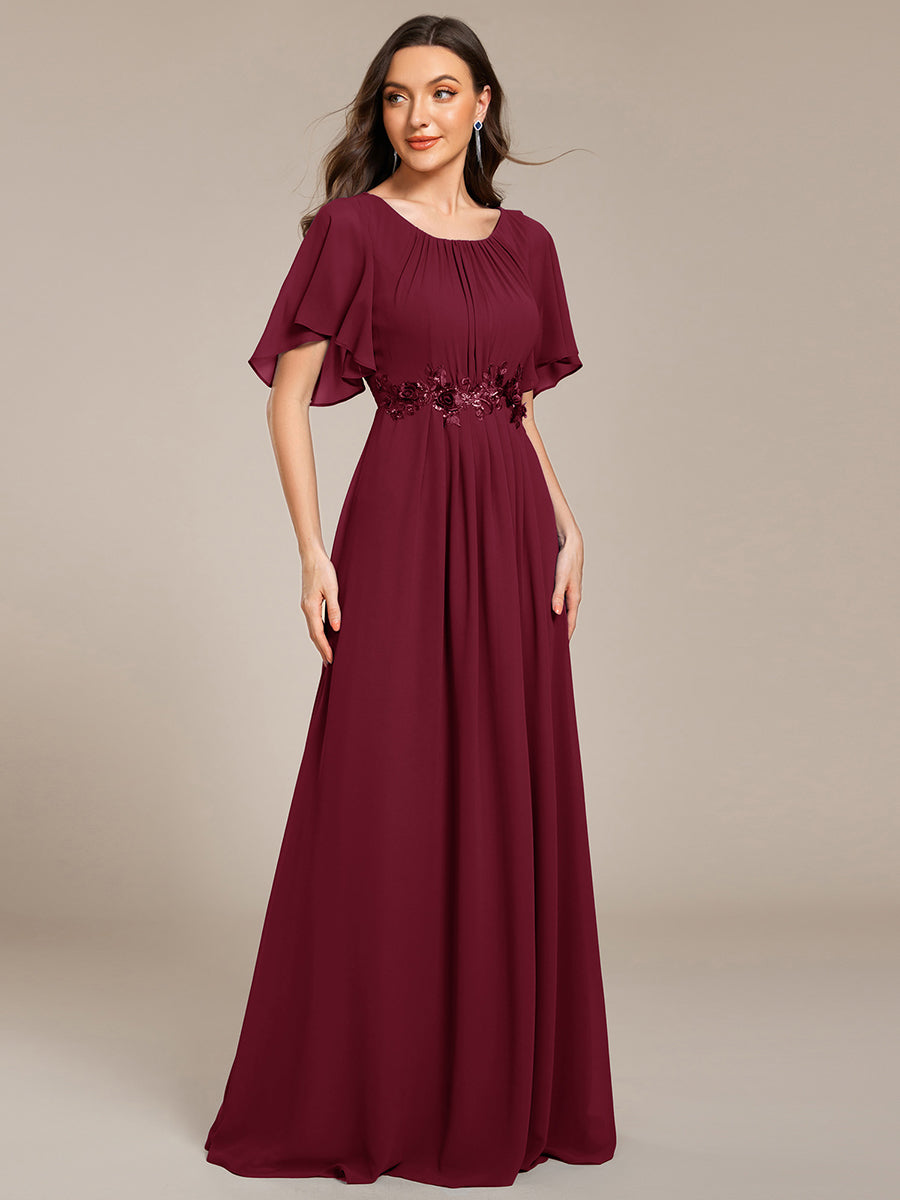 Robe de soirée trapèze à manches courtes et appliques plissées #Couleur_Bordeaux