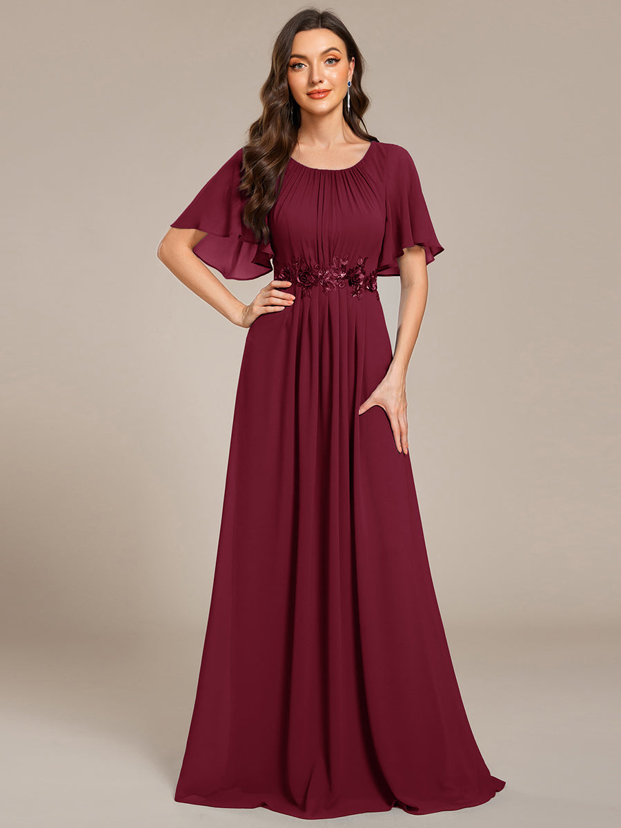 Robe de soirée trapèze à manches courtes et appliques plissées #Couleur_Bordeaux