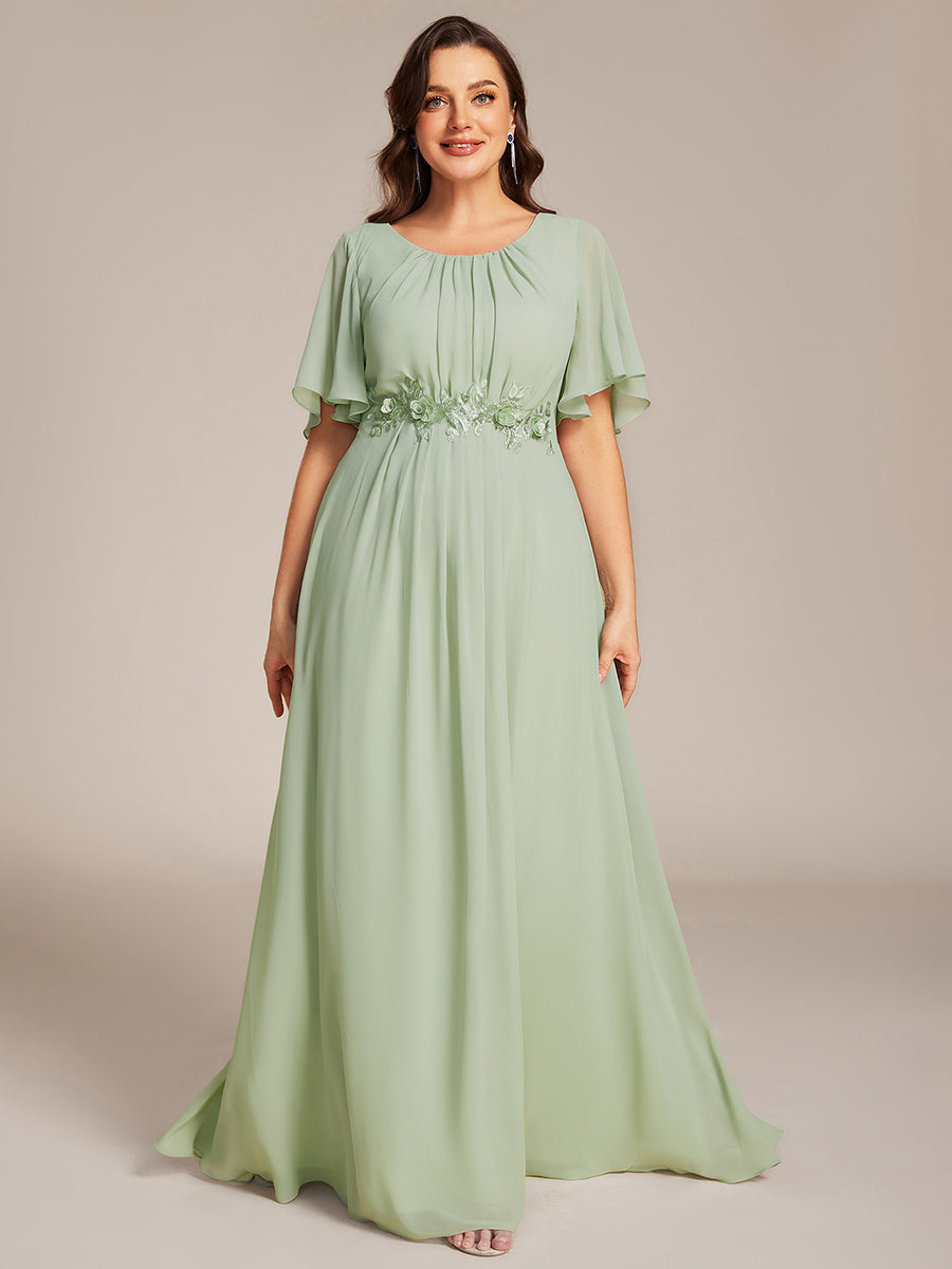 Robe de soirée trapèze à manches courtes et appliques plissées #Couleur_Menthe Verte