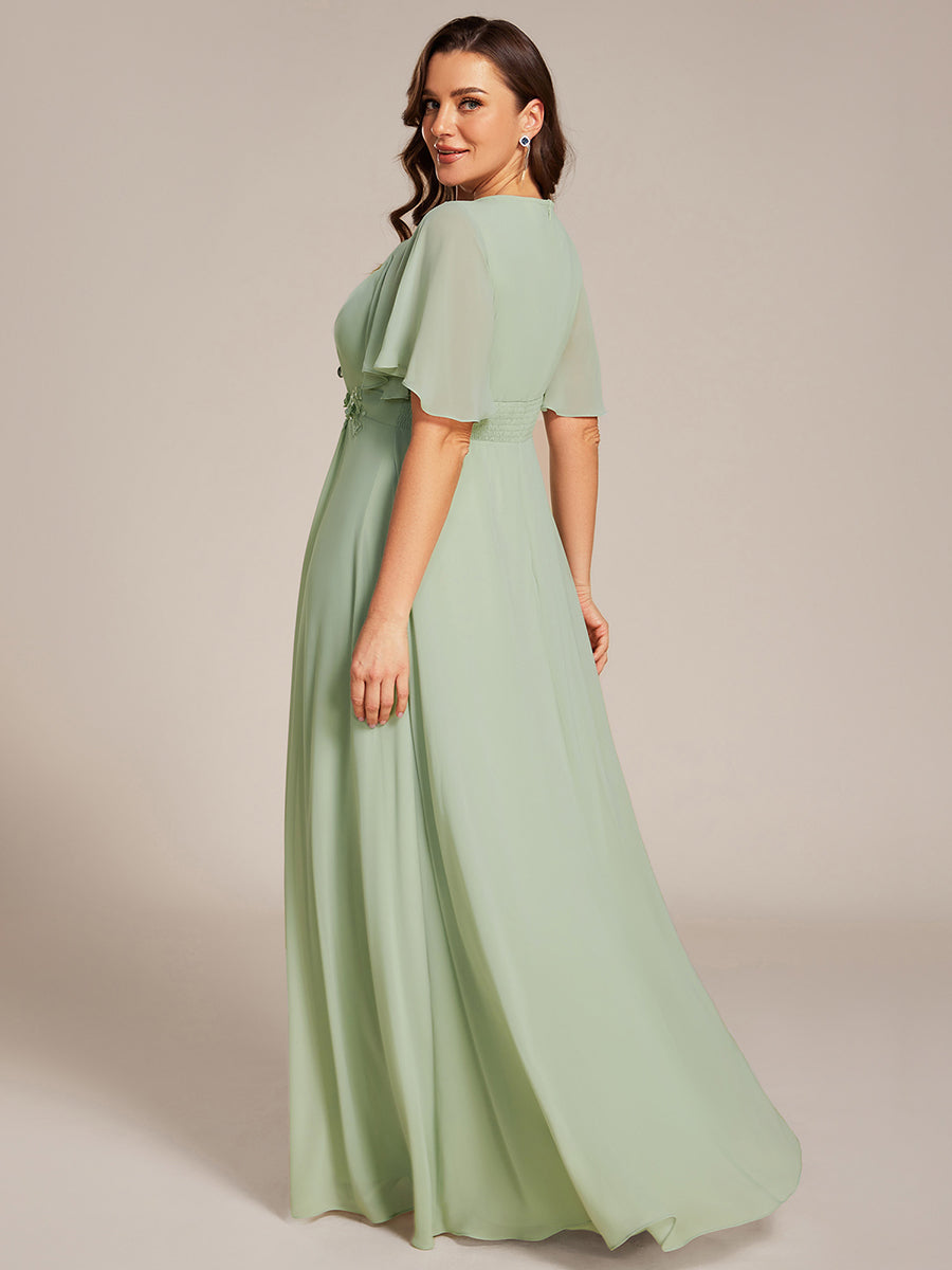 Robe de soirée trapèze à manches courtes et appliques plissées #Couleur_Menthe Verte