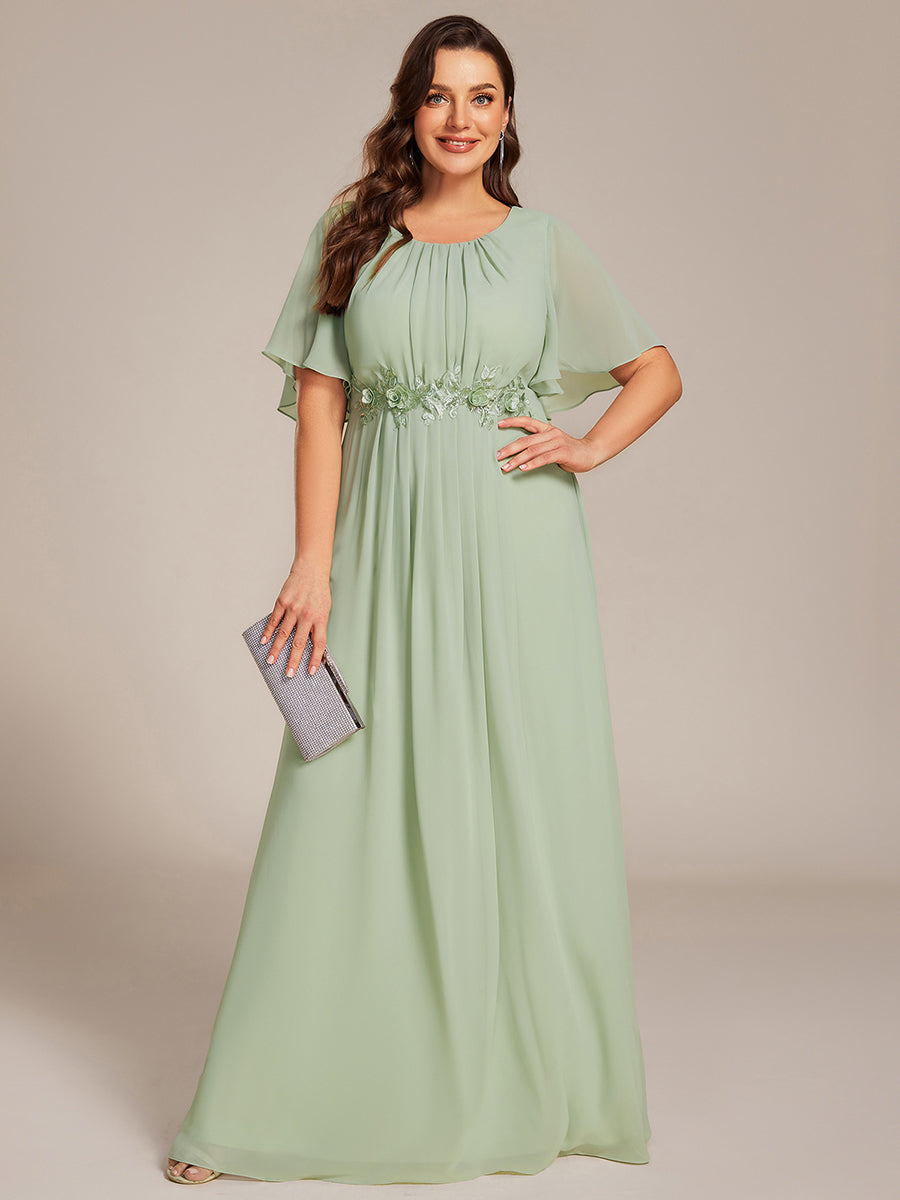 Robe de soirée trapèze à manches courtes et appliques plissées #Couleur_Menthe Verte