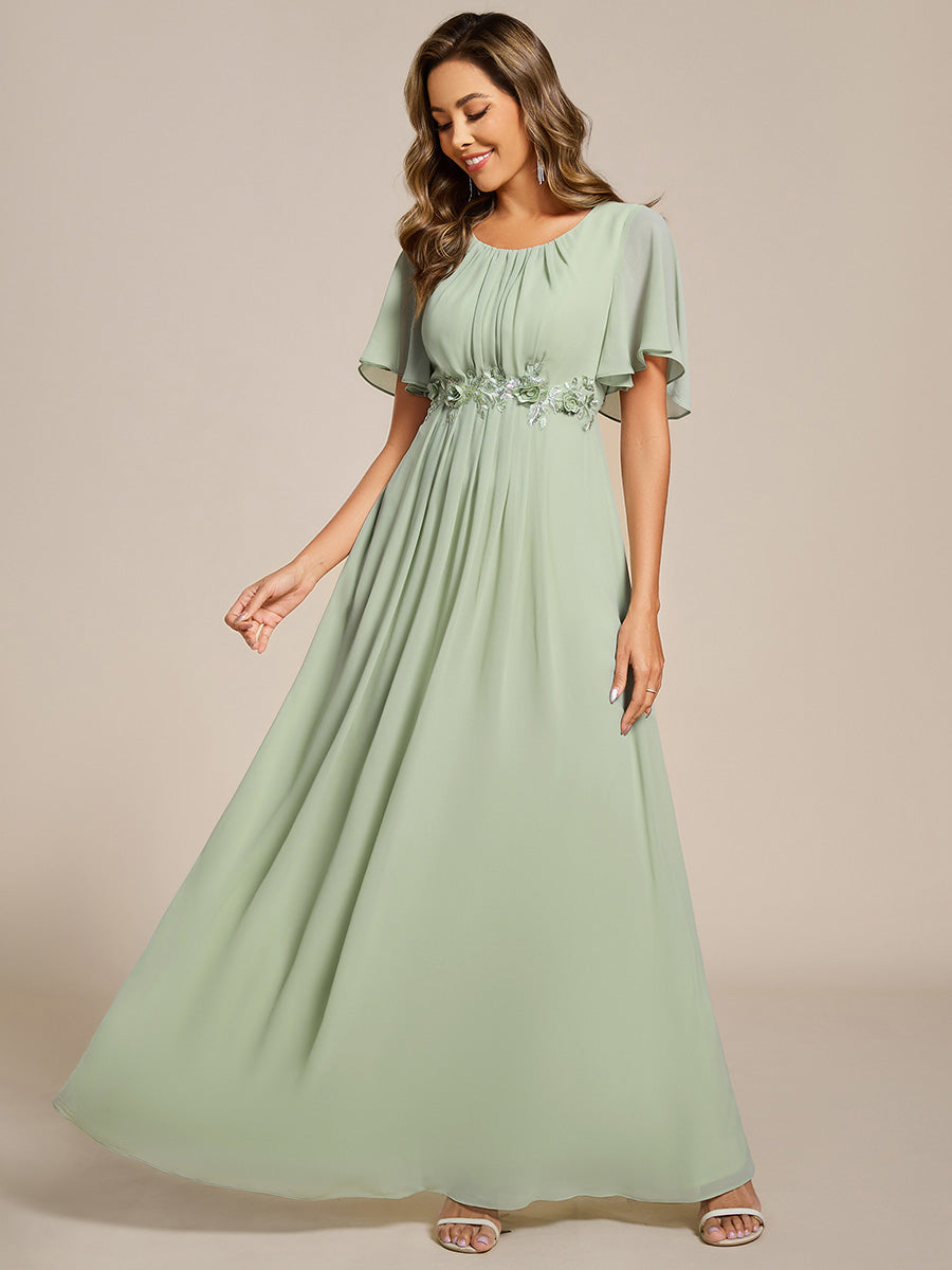 Robe de soirée trapèze à manches courtes et appliques plissées #Couleur_Menthe Verte