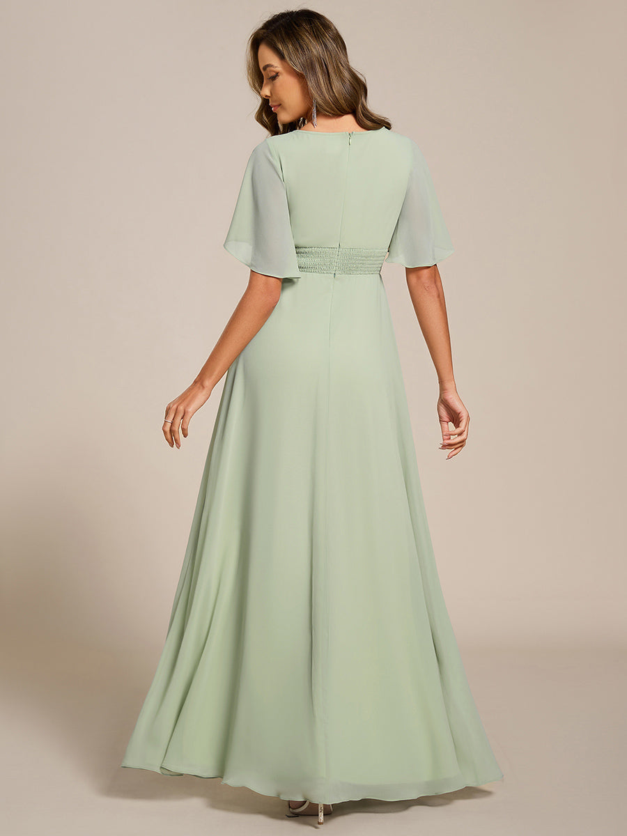 Robe de soirée trapèze à manches courtes et appliques plissées #Couleur_Menthe Verte