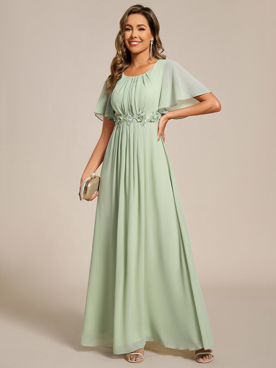 Robe de soirée trapèze à manches courtes et appliques plissées #Couleur_Menthe Verte