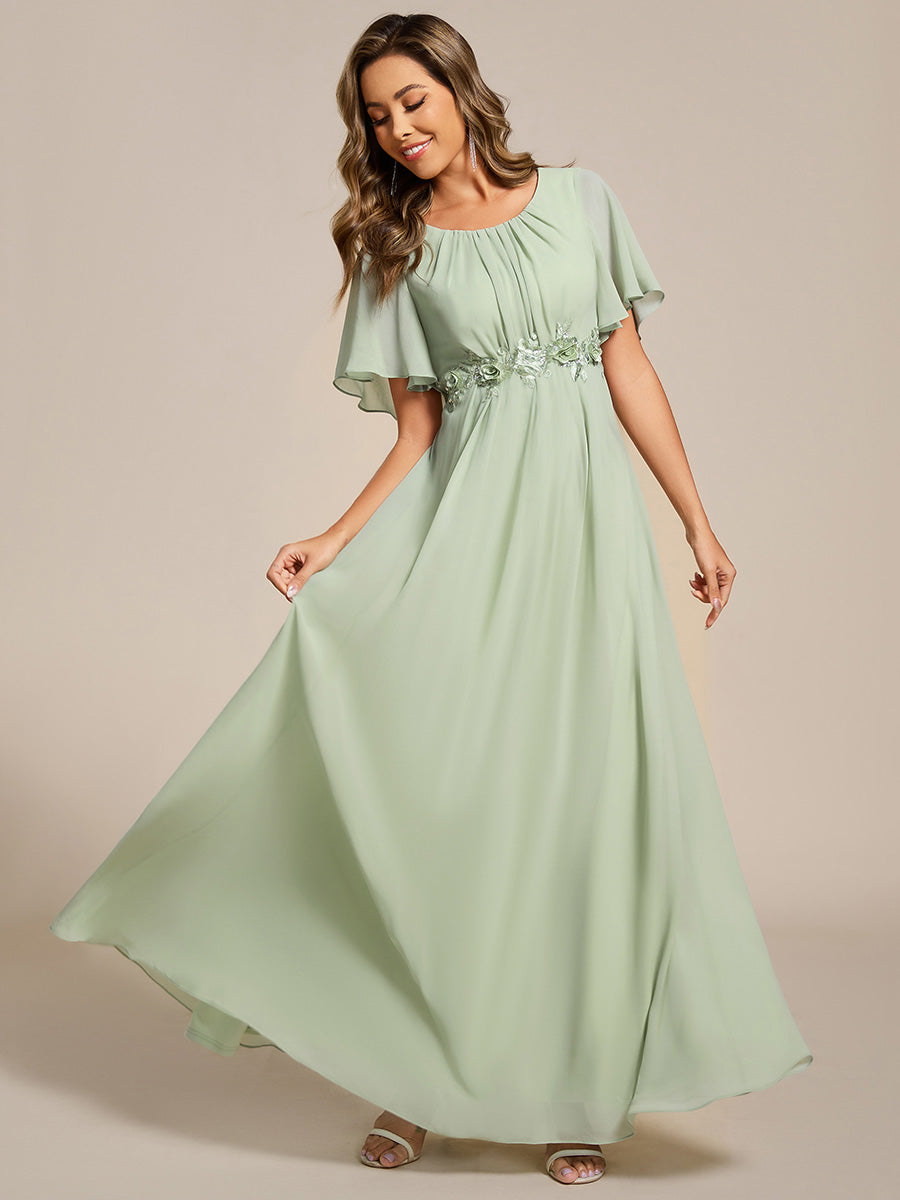 Robe de soirée trapèze à manches courtes et appliques plissées #Couleur_Menthe Verte