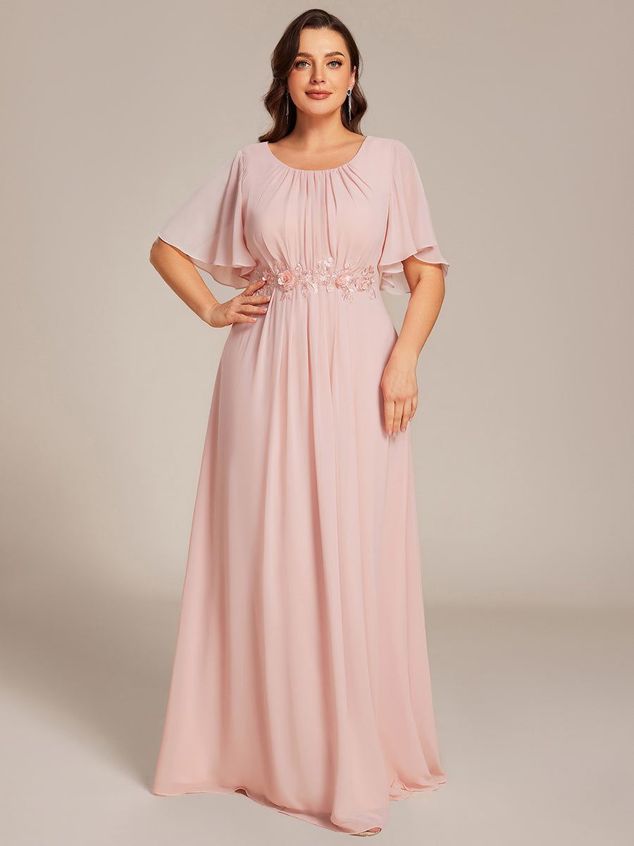 Robe de soirée trapèze à manches courtes et appliques plissées #Couleur_Rose