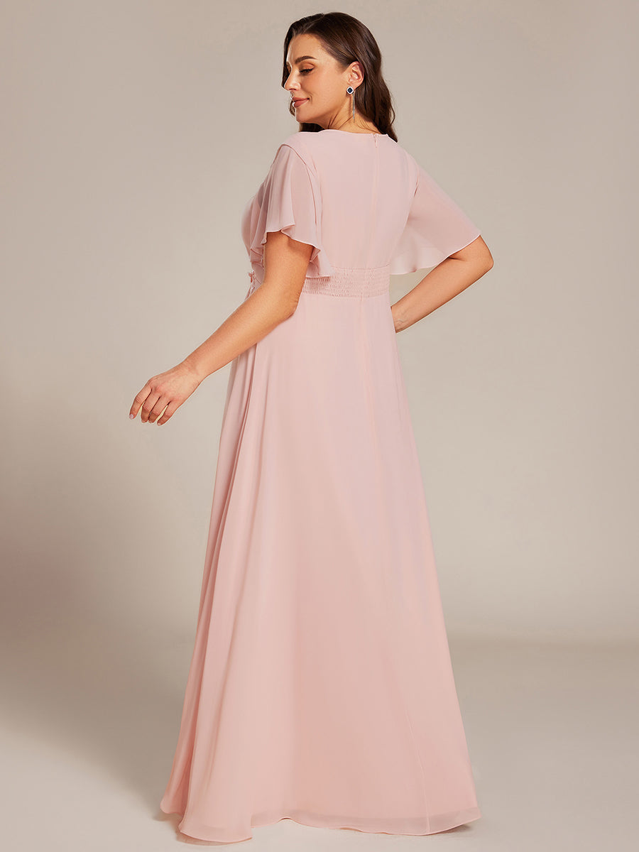 Robe de soirée trapèze à manches courtes et appliques plissées #Couleur_Rose