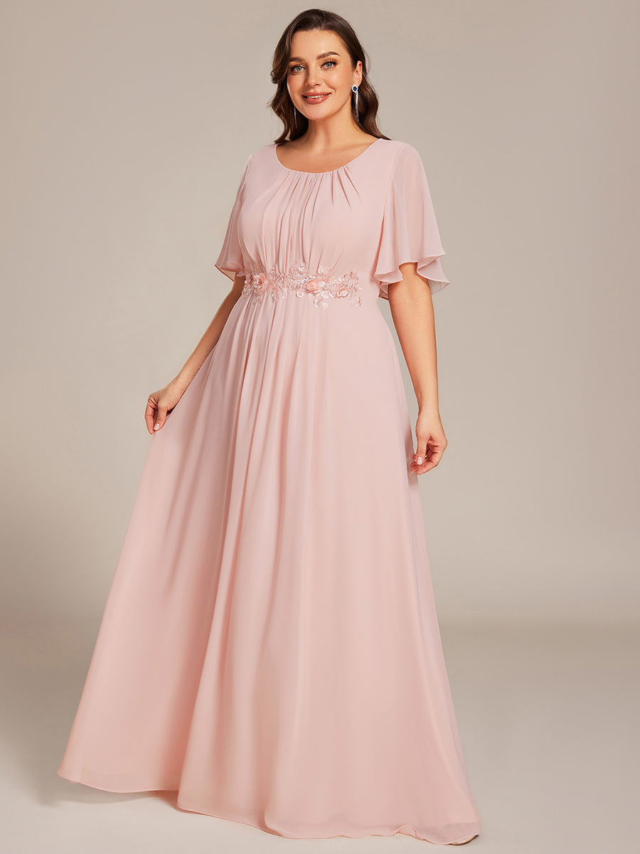 Robe de soirée trapèze à manches courtes et appliques plissées #Couleur_Rose