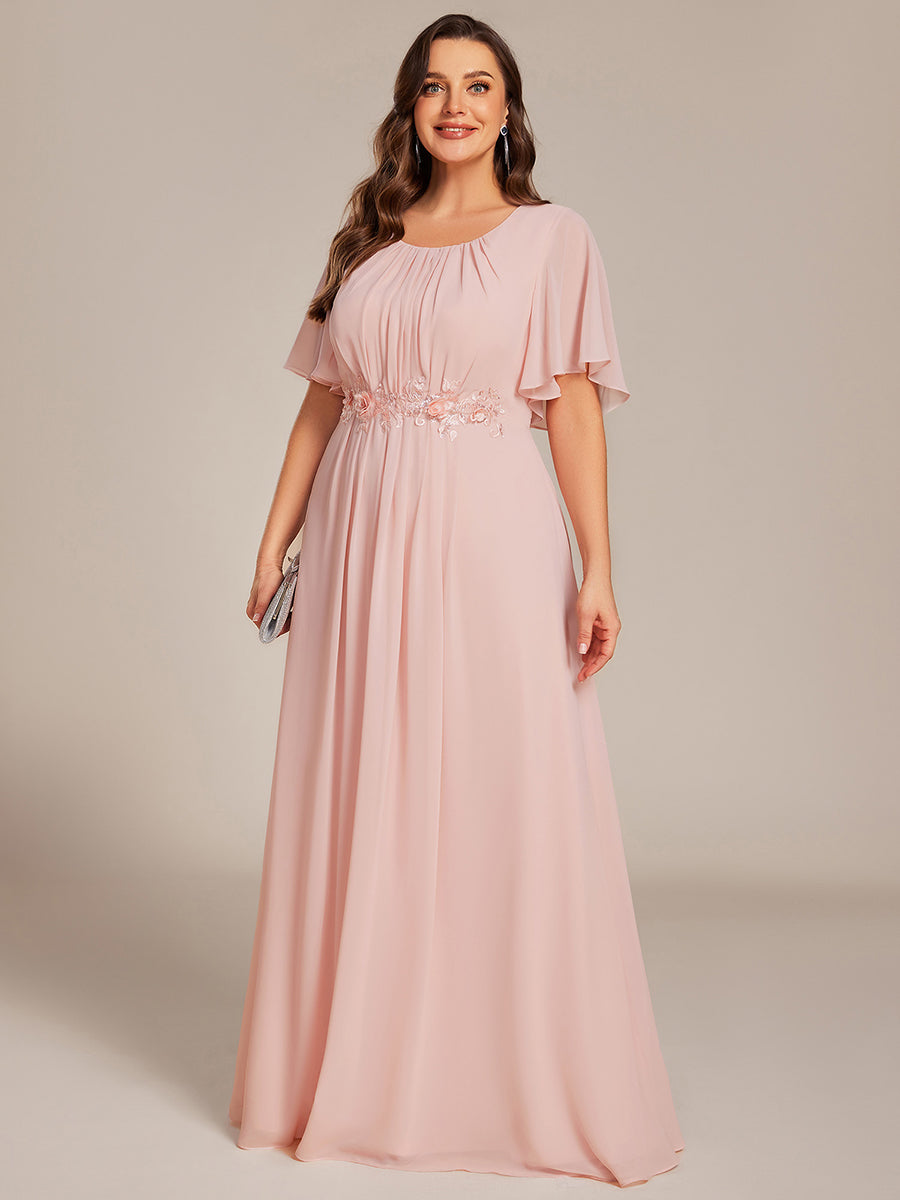 Robe de soirée trapèze à manches courtes et appliques plissées #Couleur_Rose