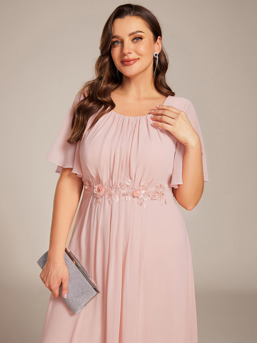 Robe de soirée trapèze à manches courtes et appliques plissées #Couleur_Rose