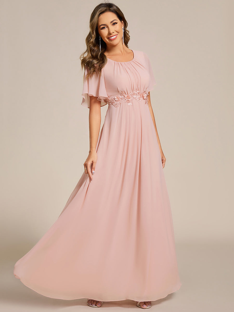 Robe de soirée trapèze à manches courtes et appliques plissées #Couleur_Rose