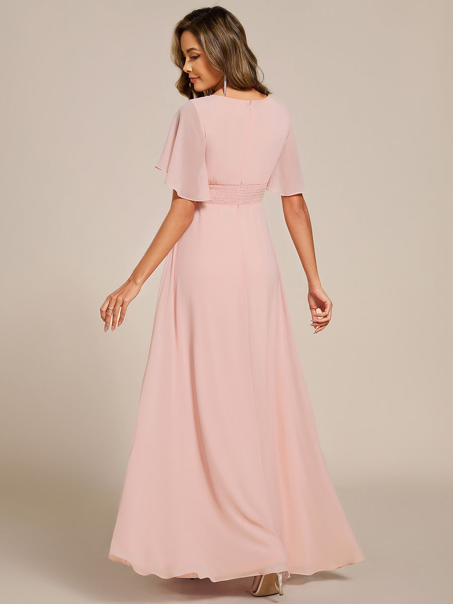 Robe de soirée trapèze à manches courtes et appliques plissées #Couleur_Rose