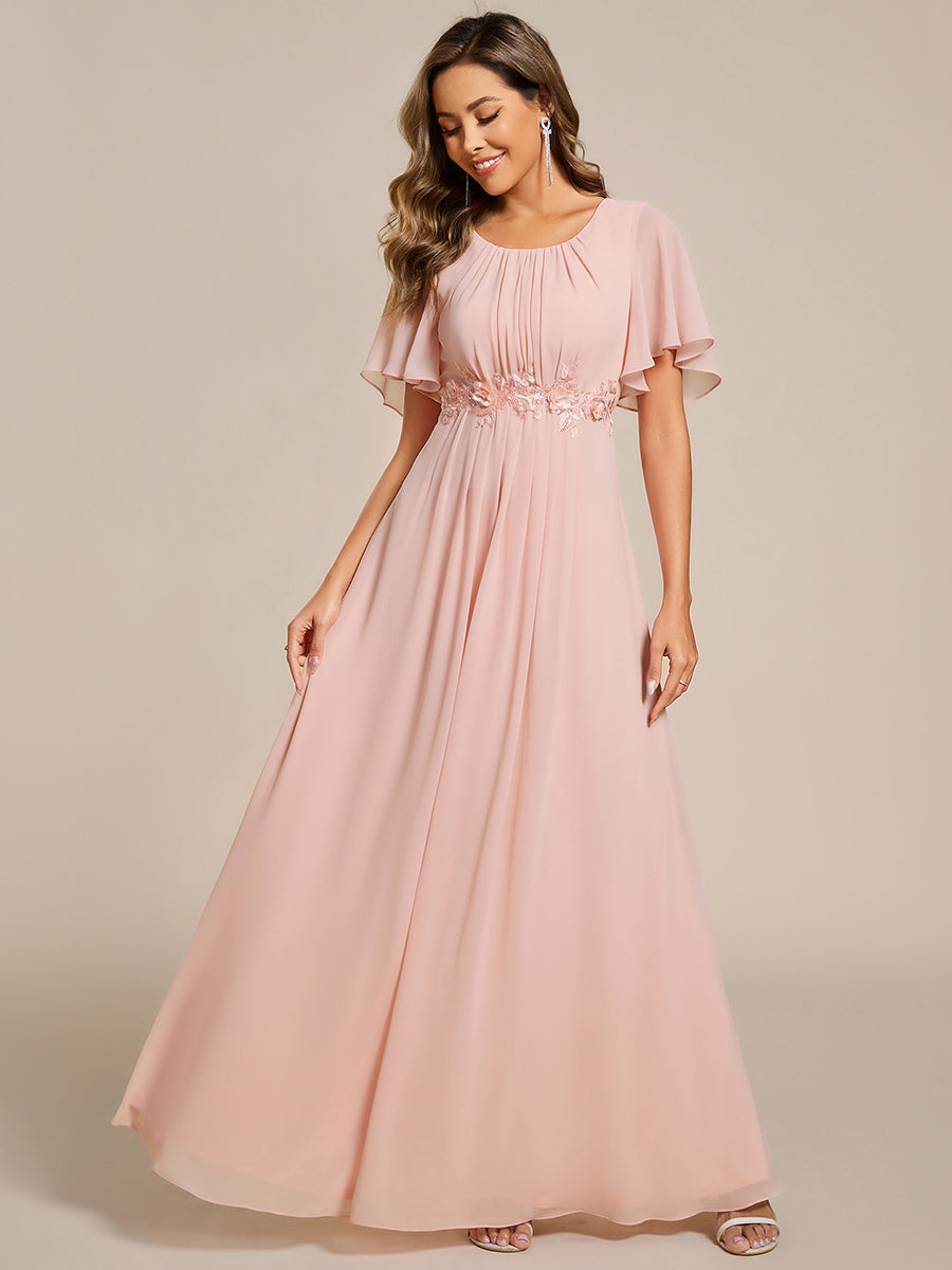 Robe de soirée trapèze à manches courtes et appliques plissées #Couleur_Rose