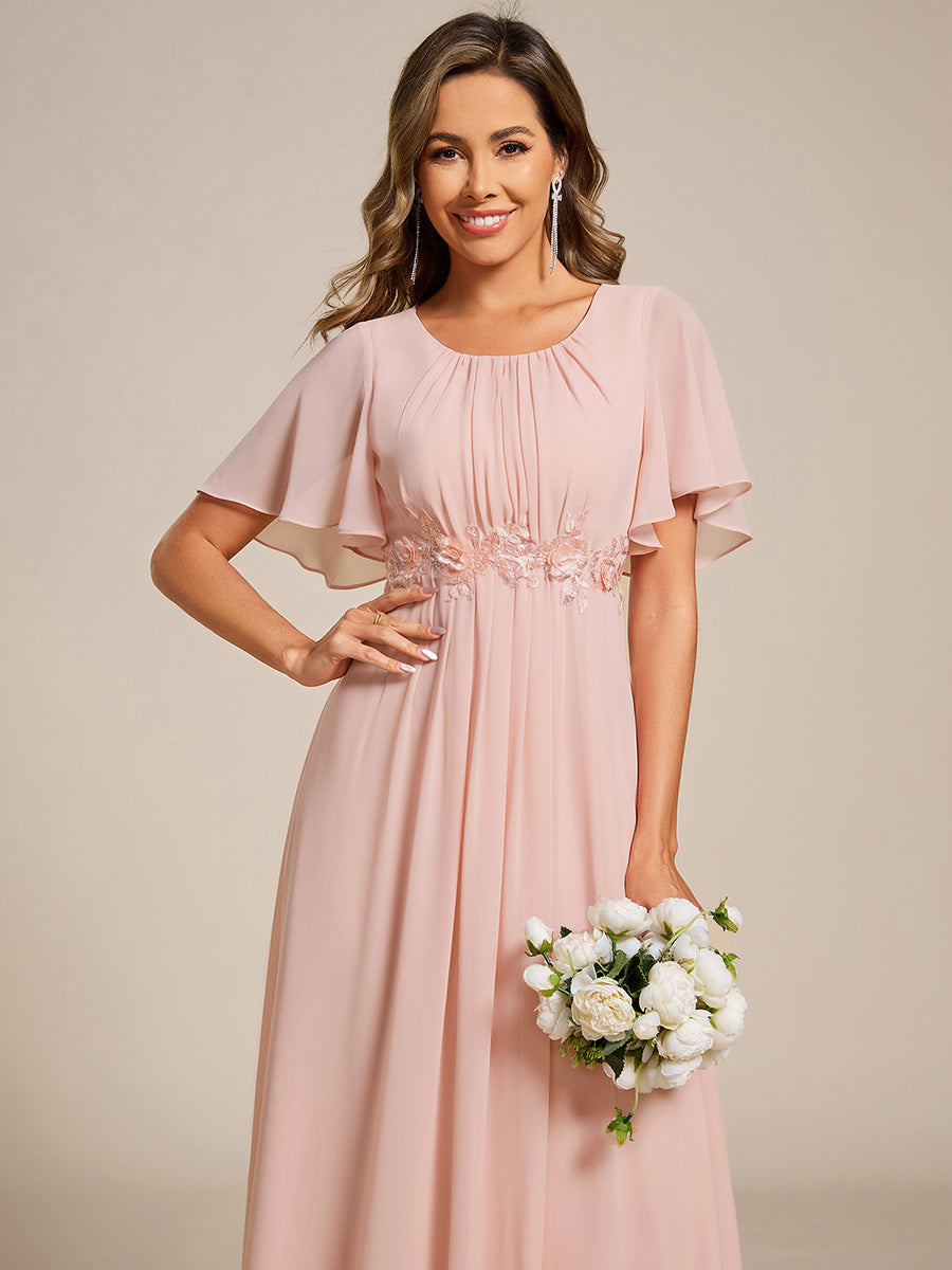 Robe de soirée trapèze à manches courtes et appliques plissées #Couleur_Rose