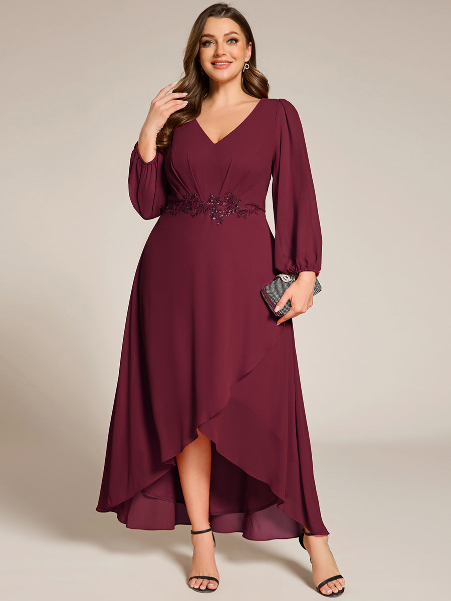 Robe de soirée en mousseline de soie à manches longues et col en V grande taille #Couleur_Bordeaux