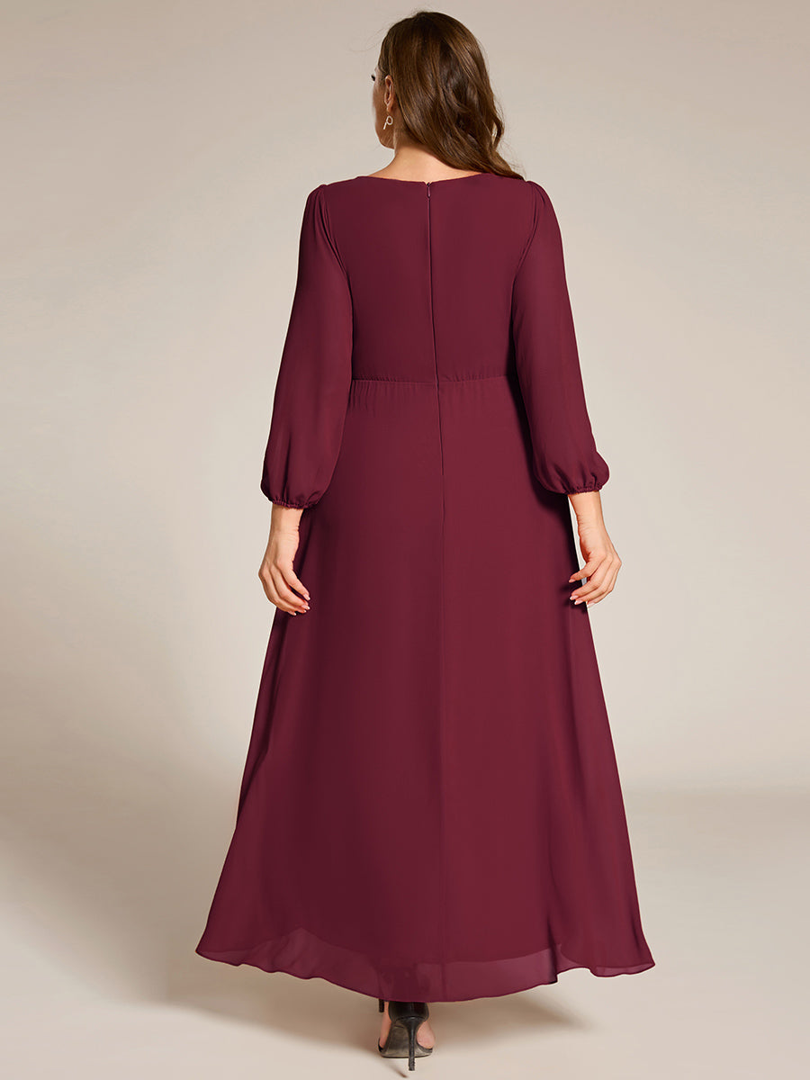 Robe de soirée formelle en mousseline de soie à manches longues et appliques à la taille #Couleur_Bordeaux