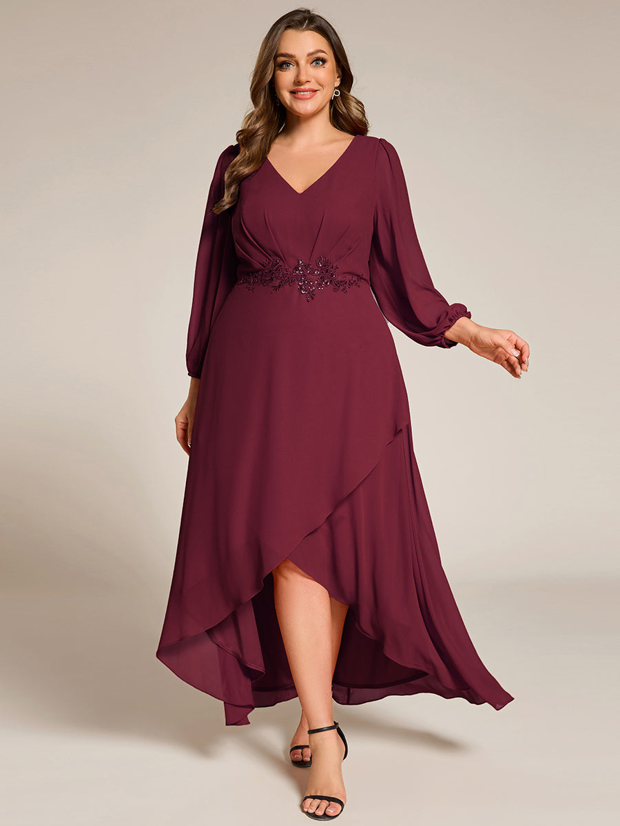 Robe de soirée formelle en mousseline de soie à manches longues et appliques à la taille #Couleur_Bordeaux