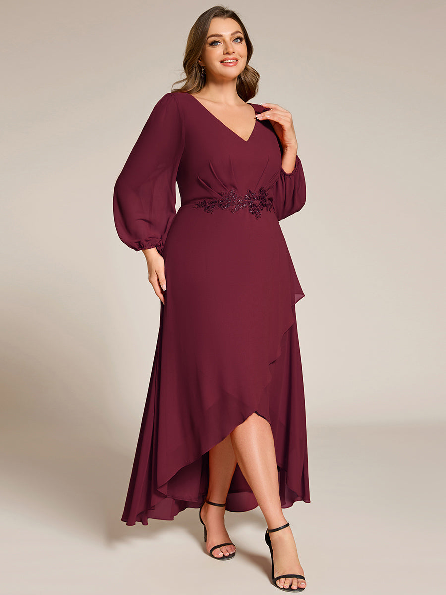 Robe de soirée en mousseline de soie à manches longues et col en V grande taille #Couleur_Bordeaux