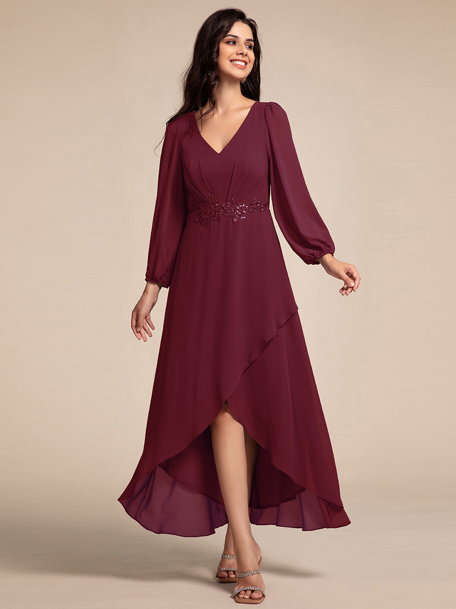 Robe de soirée formelle en mousseline de soie à manches longues et appliques à la taille #Couleur_Bordeaux