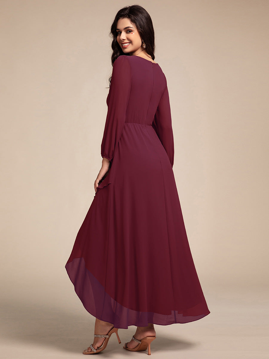 Robe de soirée formelle en mousseline de soie à manches longues et appliques à la taille #Couleur_Bordeaux