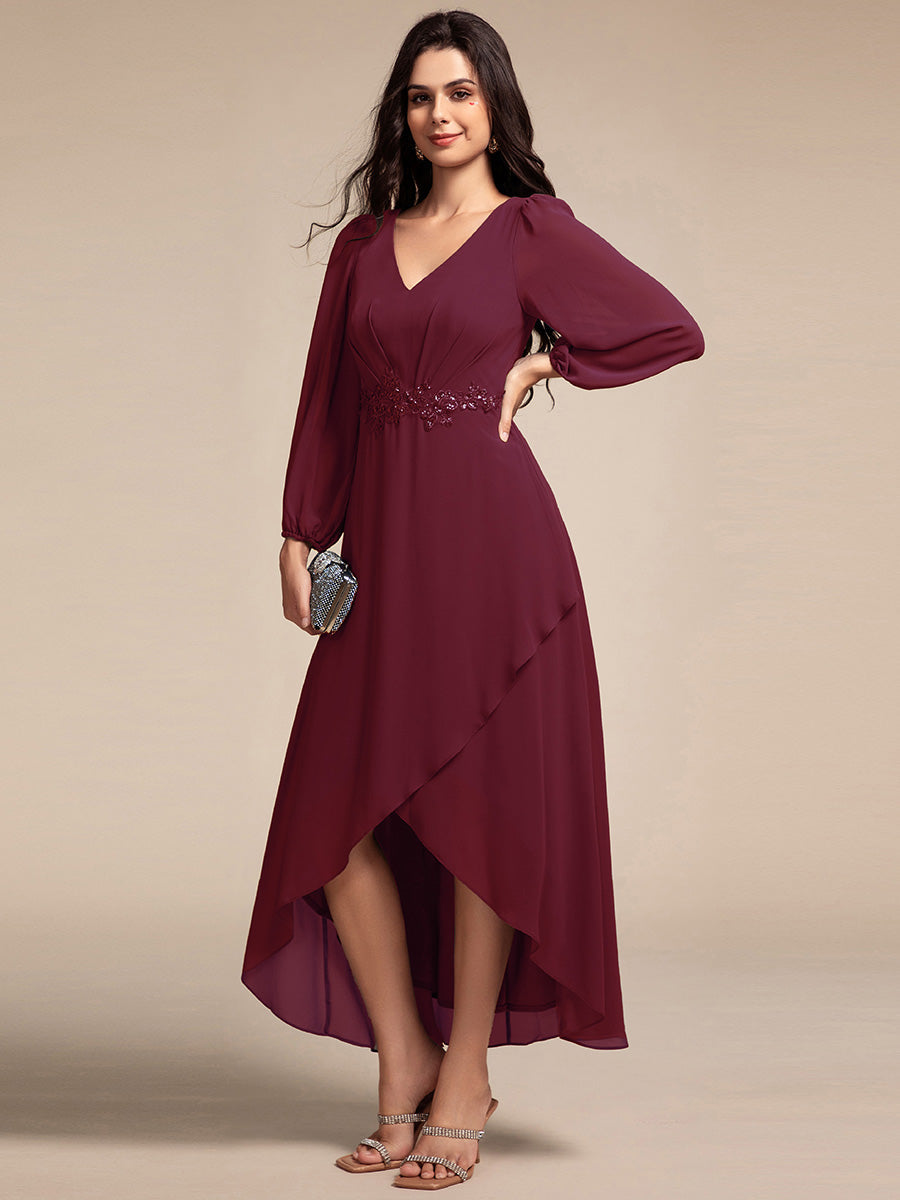 Robe de soirée formelle en mousseline de soie à manches longues et appliques à la taille #Couleur_Bordeaux