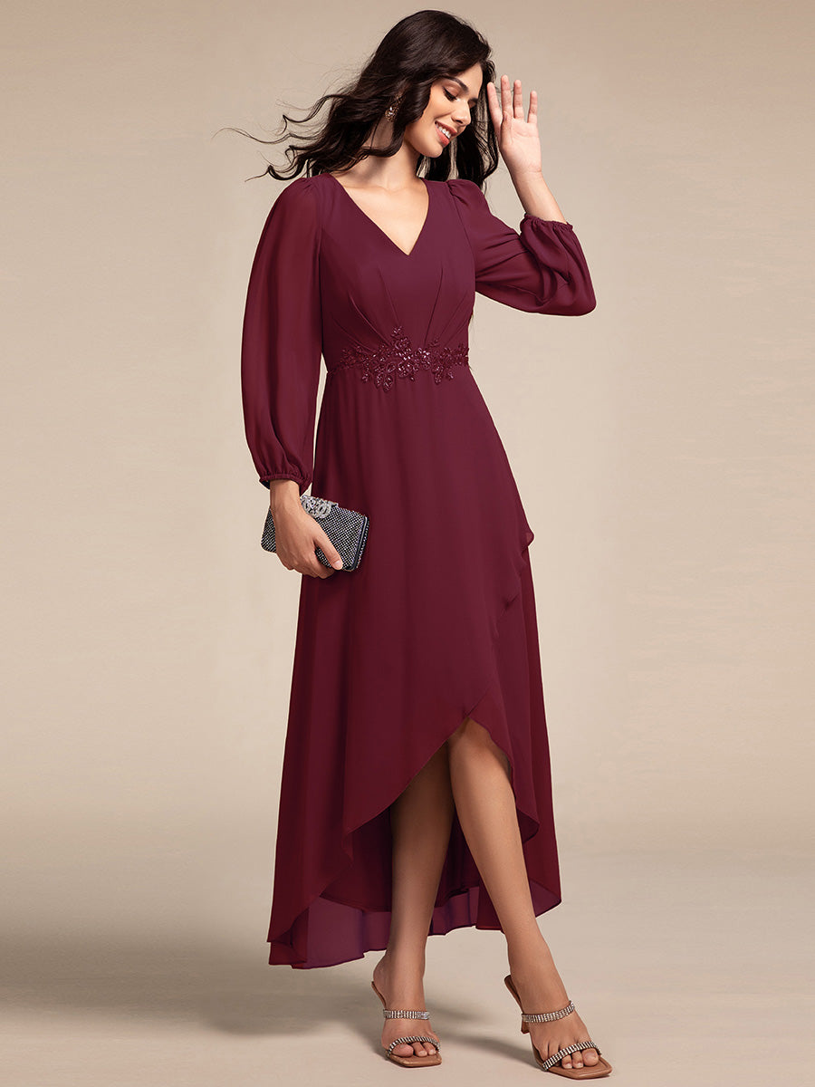 Robe de soirée formelle en mousseline de soie à manches longues et appliques à la taille #Couleur_Bordeaux