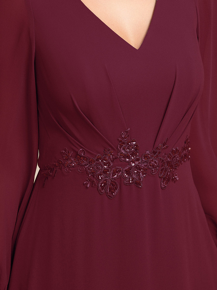 Robe de soirée formelle en mousseline de soie à manches longues et appliques à la taille #Couleur_Bordeaux