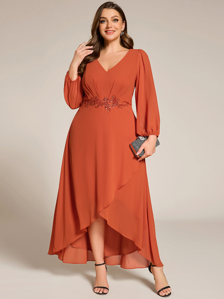 Robe de soirée formelle en mousseline de soie à manches longues et appliques à la taille #Couleur_Burnt Orange