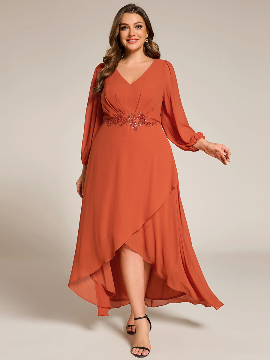 Robe de soirée en mousseline de soie à manches longues et col en V grande taille #Couleur_Burnt Orange