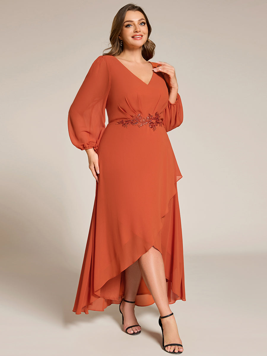 Robe de soirée en mousseline de soie à manches longues et col en V grande taille #Couleur_Burnt Orange