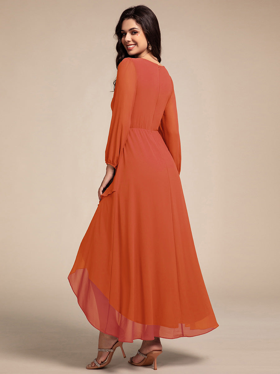 Robe de soirée formelle en mousseline de soie à manches longues et appliques à la taille #Couleur_Burnt Orange